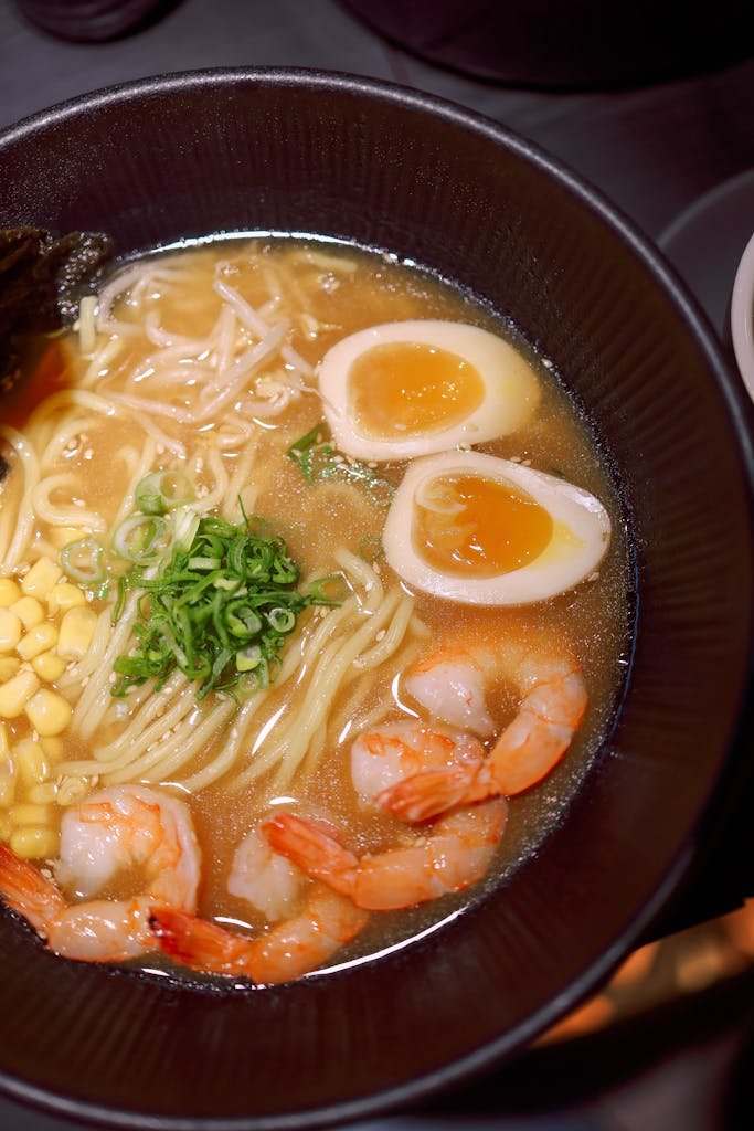 Delicious Traditional Japanese Ramen with Shrimp, Egg and Corn