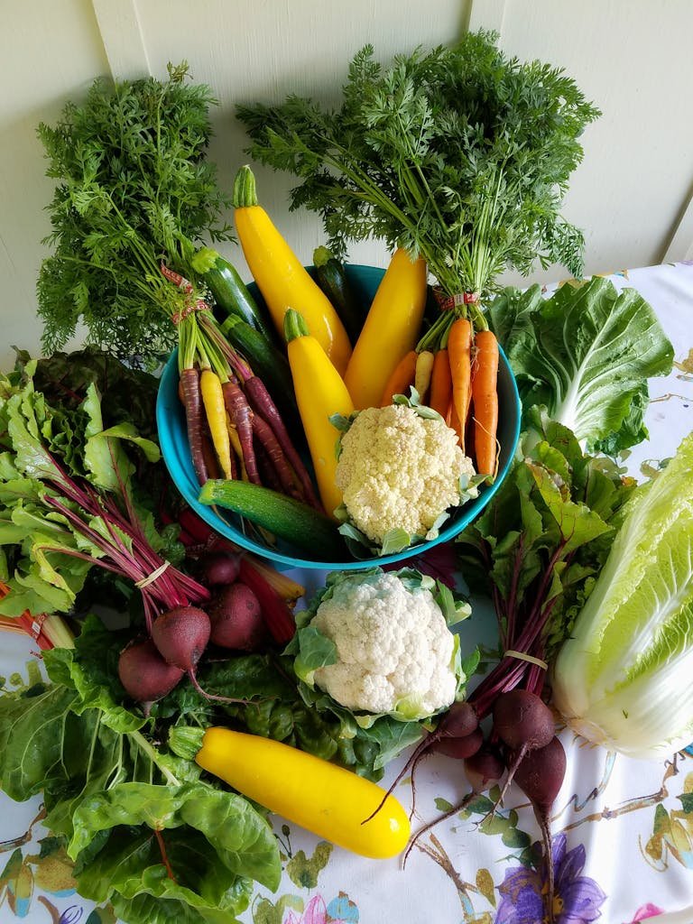 A display of fresh vegetables on a table from using the best vegetable containers to keep them fresh.