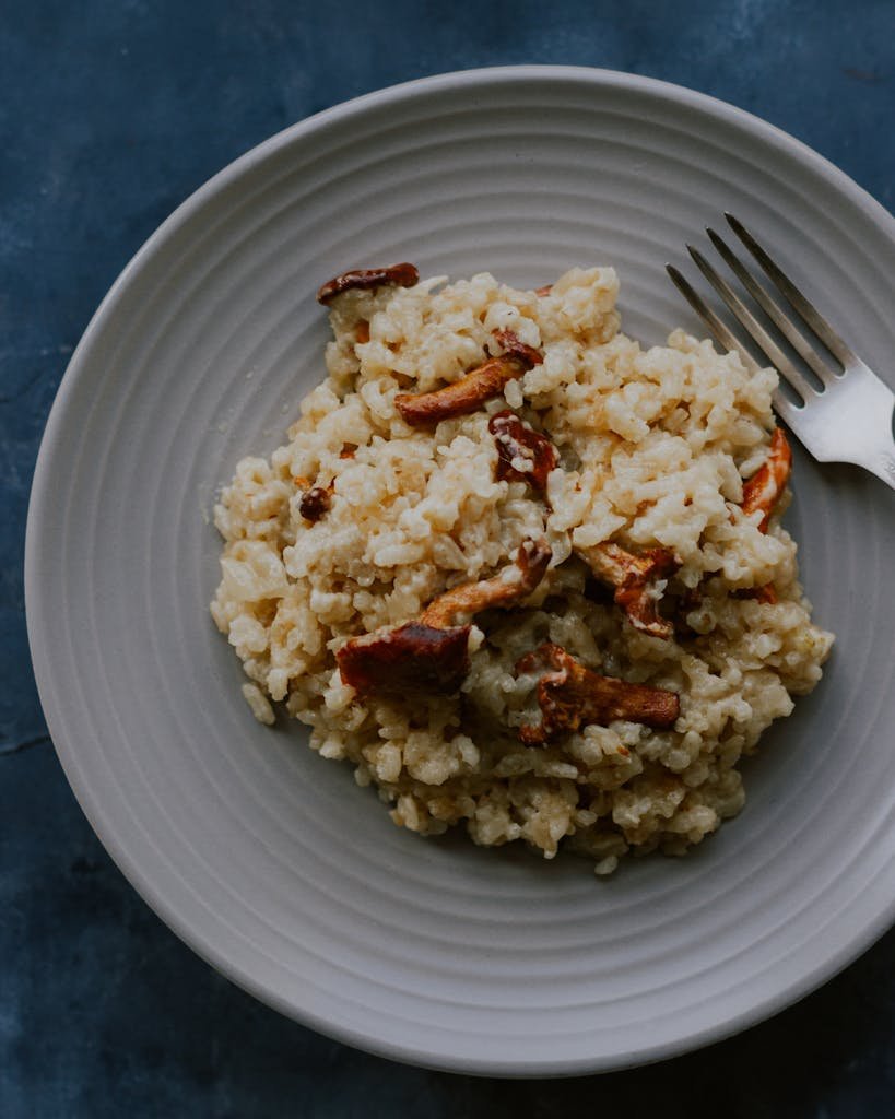 Delicious risotto with dried porcini mushrooms served on a gray plate, perfect for a cozy meal.