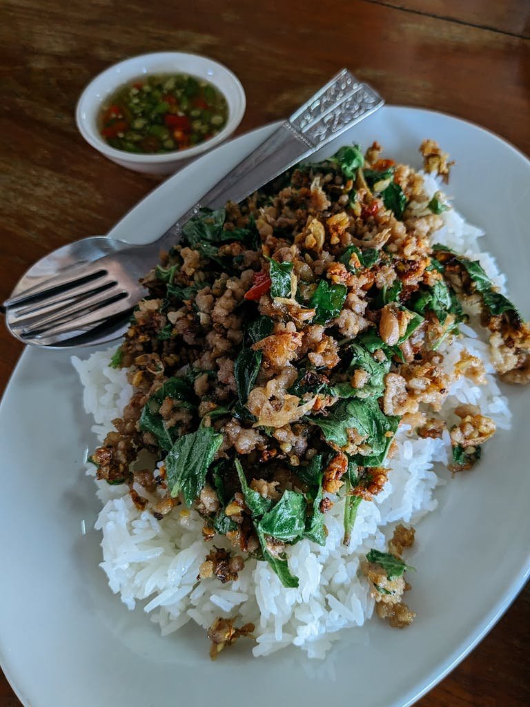 Flavorful Thai basil minced pork served on steamed rice with spicy sauce.