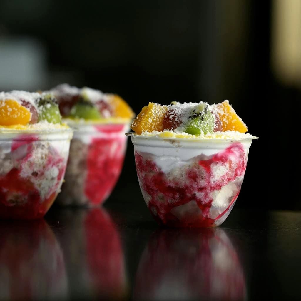 Delicious fruit sorbet in cups topped with fresh fruit pieces and dusted sugar.