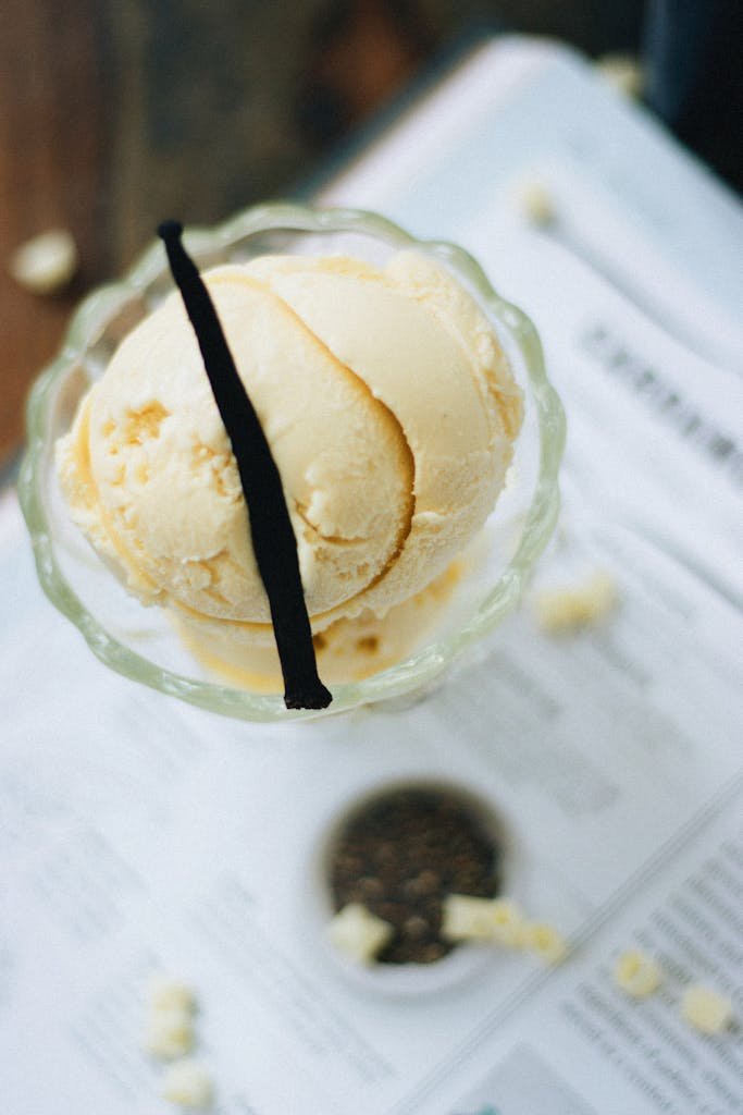 Delicious vanilla ice cream artfully styled in a glass dish, topped with a natural vanilla pod.